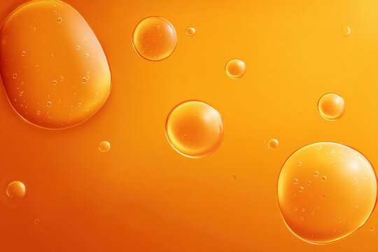 Macro close-up of orange liquid bubbles in a vibrant and smooth abstract background with shiny spherical shapes and a bright gradient hue
