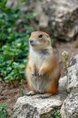 Fototapeta premium A cute prairie dog stands attentively on a rock