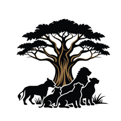 Silhouette of Lions Curled Together Under Baobab Tree – African Wildlife Vector Scene