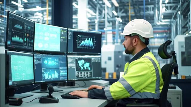 Engineer Monitoring Data on Multiple Screens in Factory Control Room - Industrial Automation