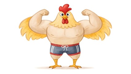 Strong muscular chicken flexing its biceps isolated