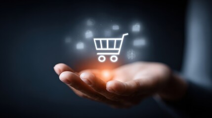 Modern digital shopping cart icon floating above hand demonstrating online commerce and e-commerce concept for digital shopping experience