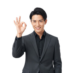 Confident Asian businessman showing OK hand gesture and smiling