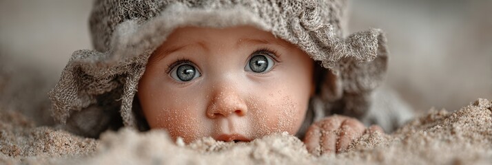 Baby with captivating blue eyes playing in the sand on a sunny day at the beach