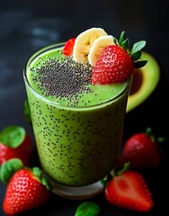 Green smoothie with chia seeds, banana and strawberry slices in a glass