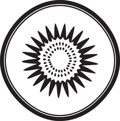 A simple and clean black and white image of two halves of a kiwi fruit with text 'kiwi'.
