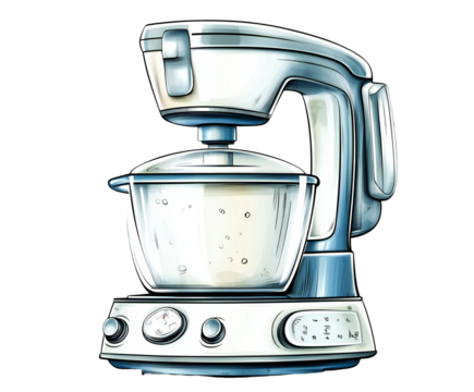 Stylish cartoon mixer, white and blue, showcasing modern design, perfect for culinary illustrations on transparent background