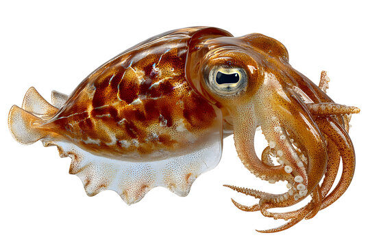 Striking studio shot of a live cuttlefish against a stark transparent background