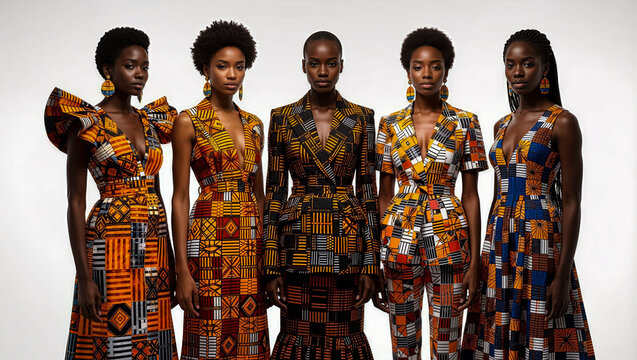 Afro-Futurist Couture: Avant-Garde Fashion Shoot with African-Descendant Models in Kente & Mudcloth Fusion &ndash; Bold Textures, Minimalist Set, Celebrating Black Excellence