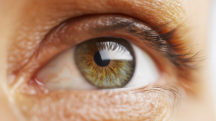 Fototapeta premium Close-up of a feminine eye with natural makeup, showcasing detailed iris texture against a white backdrop.