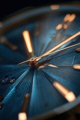 Close-up of a luxury timepiece with blue dial and golden hands