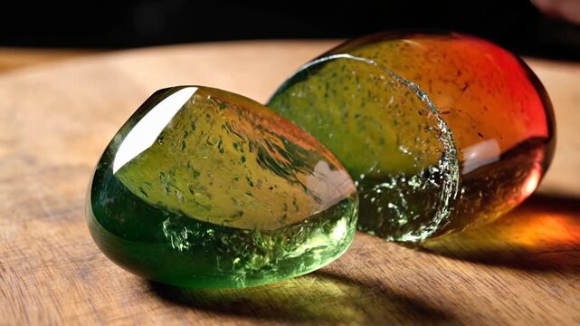  Crystal mango being cut with knife. Artificial dessert being sliced in ASMR style. Relaxation food cooking design visual. Shiny gradient background simple video