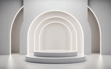 Modern minimalist stage with glowing arches and layered podium