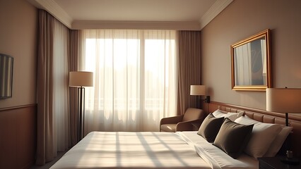 A serene hotel bedroom bathed in morning sunlight, featuring elegant decor and a welcoming atmosphere.