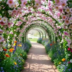 Enchanting floral archway tunnel in a lush spring garden