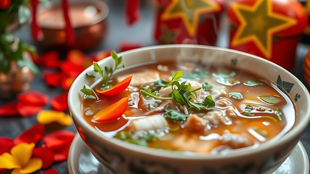 Vietnam National Day flag on silk cushion with bamboo leaves and lanterns