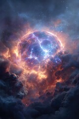 Obraz premium Cosmic energy orb surrounded by vibrant glowing nebulae and stars