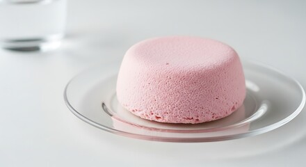 A single, round, pink dessert cake sits on a clear glass plate next to a glass of water, all against a white background.