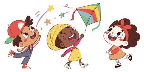 a cartoon illustration of three diverse children playing happily, one holding a kite, one with a basketball, and one with pom poms, in a colorful, whimsical style
