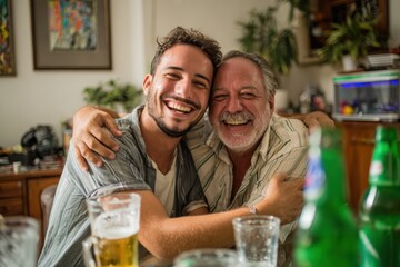 Father and Adult Son Laughing Together Indoors — Happy Family Bonding Moment at Home with Drinks