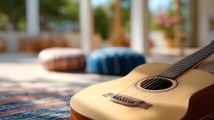 A music teacher with a guitar in a bright classroom setting