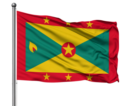 Waving Grenadian Flag with Nutmeg Emblem, Side-Angled View, Isolated PNG.