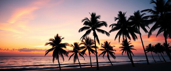 Silhouetted palm trees at sunset on a tropical beach ,   calm,  sky