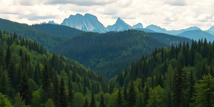 Serene mountain forest scene with lush greenery and towering peaks, ideal for wallpaper or tourism promotion,  wilderness,  leaves