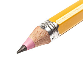 Close-up macro shot of a sharpened yellow golf pencil, revealing detail and texture, on transparent background.