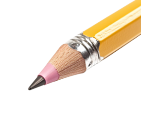 Close-up macro shot of a sharpened yellow golf pencil, revealing detail and texture, on transparent background.