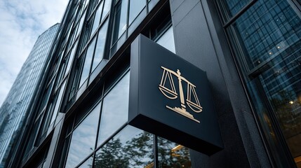 Obraz premium Gold scales of justice on a modern building.
