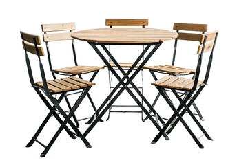 Wood bistro dining set with five seats and black frames on transparent background