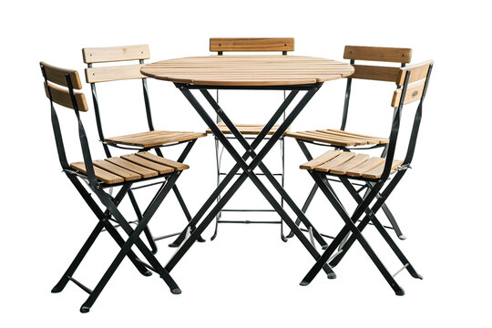 Wood bistro dining set with five seats and black frames on transparent background