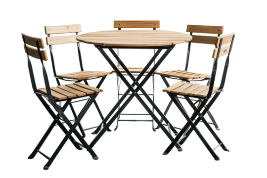 Wood bistro dining set with five seats and black frames on transparent background