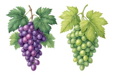 Two bunches of fresh ripe grapes one purple and one green
