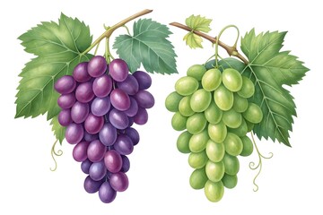 Fototapeta premium Two bunches of fresh grapes purple and green with leaves