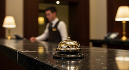 Polished Brass Service Bell on a Reflective Hotel Reception Desk, Symbolizing Guest Service and Hospitality in a Luxury Setting