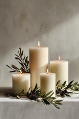 Elegant white pillar candles with olive branches and berries