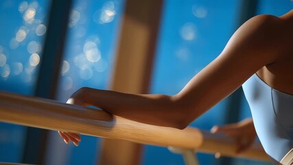 Ballet dancer practicing at barre in a gym with mirrors and light - Powered by Adobe
