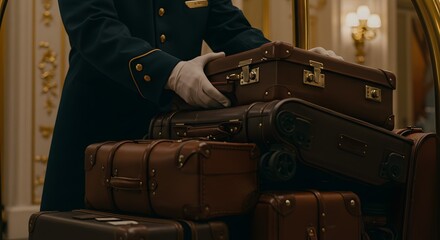 Bellhop in White Gloves Arranging Vintage Luggage in a Luxurious Hotel Lobby, Symbolizing Premium Hospitality and Elegant Travel Service