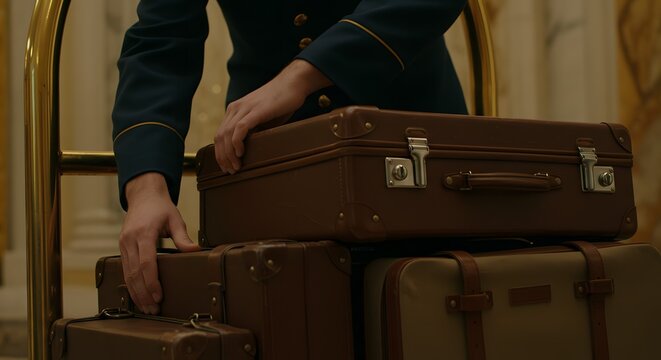 Hotel Bellhop's Hands Arranging Classic Leather Suitcases on a Luggage Cart, Symbolizing Luxury Travel and Impeccable Hospitality Service