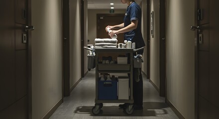 Hotel Housekeeping Staff Preparing Fresh Supplies on Service Cart in Dimly Lit Corridor