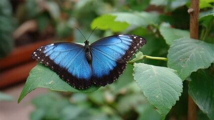 Vibrant blue butterfly perched on a green leaf in a lush garden during daylight