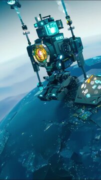 Futuristic robot with glowing core standing on icy alien planet in deep space with advanced technology and luminous devices. artificial intelligence, extraterrestrial exploration, sci fi tech Vertical