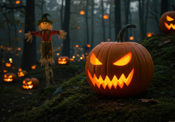 Obraz premium Glowing jackolantern pumpkin in a spooky forest at night
