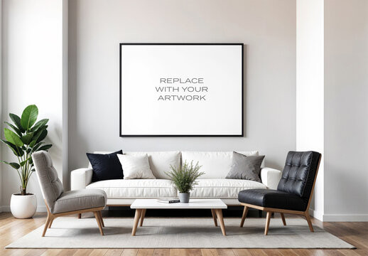 Frame Interior Canvas Wall Art Poster Room Mockup Template Blank Paper Texture