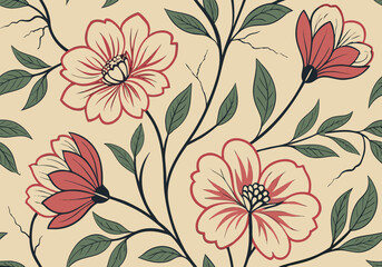 Vintage floral pattern with red and cream blooms on beige background, Elegant botanical illustration for textiles and wallpaper