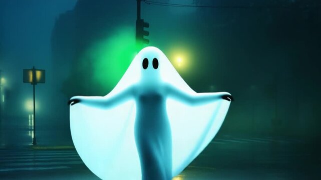 Cute cartoon ghost crossing foggy urban street at night with glowing signals