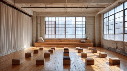 Sunlit Minimalist Studio with Wooden Blocks for Yoga and Meditation