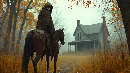 the end of a life stage in the form of death. a creepy skeleton in rags, riding a horse, riding through the autumn forest to the house.